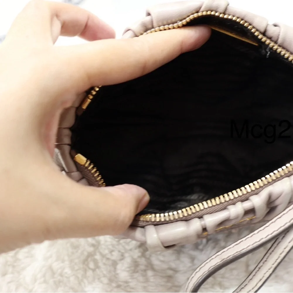 Prada grey Ruched Leather Clutch with Gold Chain